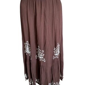 Bila Chocolate Brown Midi Skirt with White Embroidery